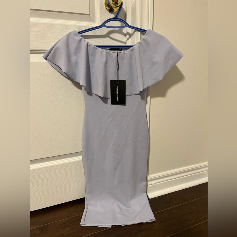 off the shoulder dusty blue/lavender pretty little thing dress